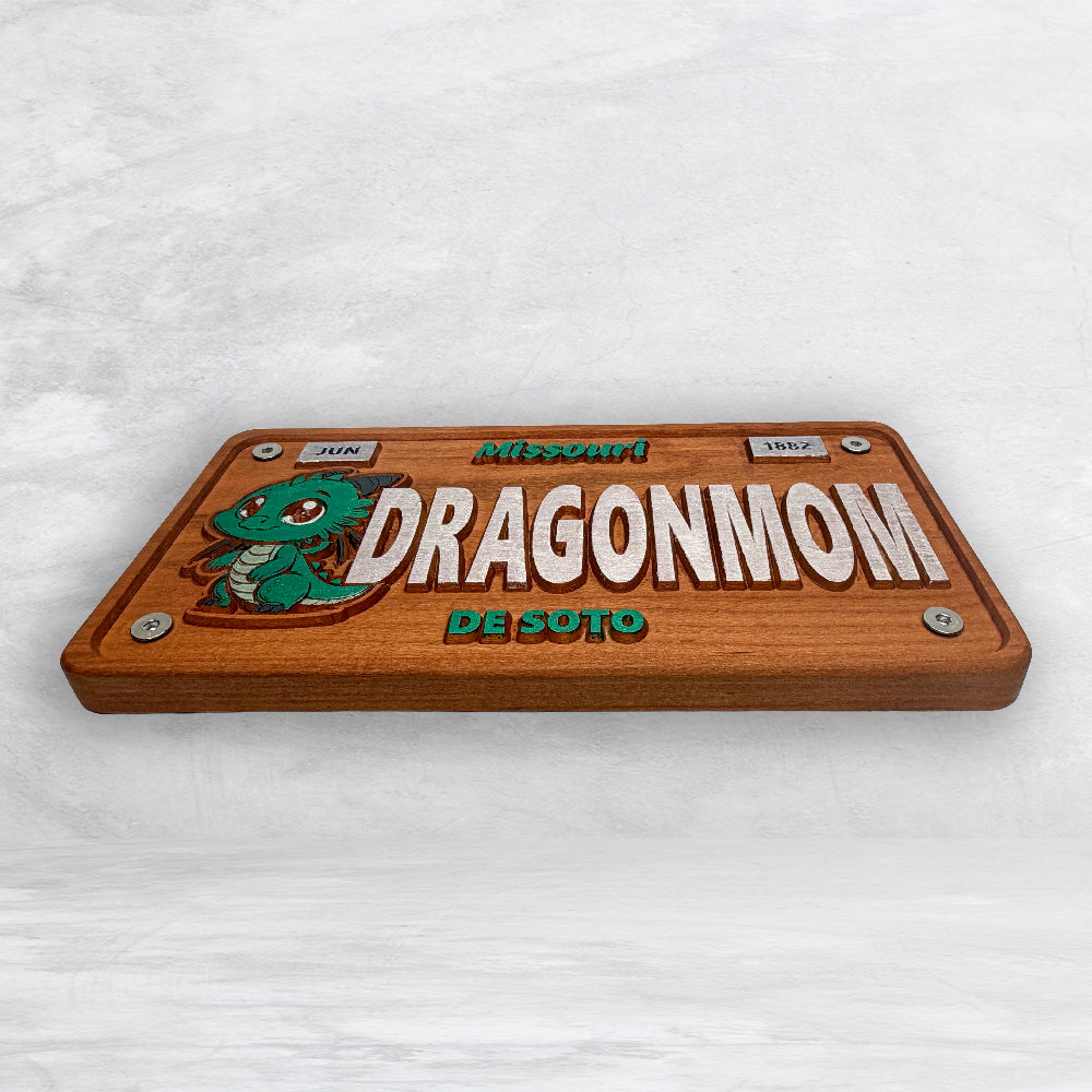 De Soto Dragons Wood Novelty License Plate - DRAGONMOM - Solid Cherry Art Decor Collectible - Precision Carved - Hand Finished - Made in USA