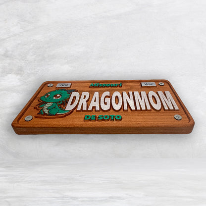 De Soto Dragons Wood Novelty License Plate - DRAGONMOM - Solid Cherry Art Decor Collectible - Precision Carved - Hand Finished - Made in USA