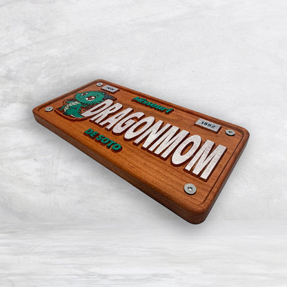 De Soto Dragons Wood Novelty License Plate - DRAGONMOM - Solid Cherry Art Decor Collectible - Precision Carved - Hand Finished - Made in USA