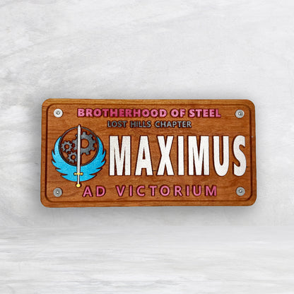 Fallout Novelty License Plate - MAXIMUS - Solid Cherry Art Decor Collectible - Precision Carved - Hand Finished - Made in USA