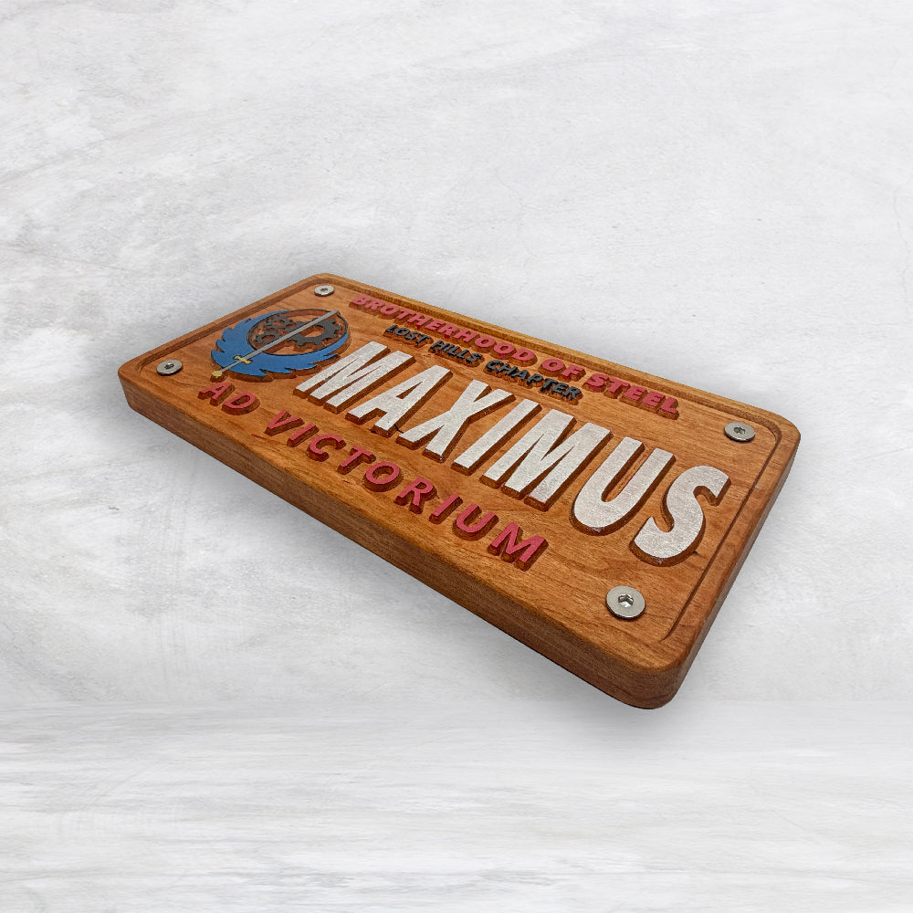 Fallout Novelty License Plate - MAXIMUS - Solid Cherry Art Decor Collectible - Precision Carved - Hand Finished - Made in USA