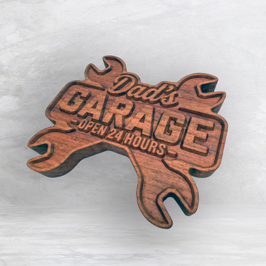 Dad's Garage with Wrenches - Precision Carved Solid Cherry Decor Art - Made in USA