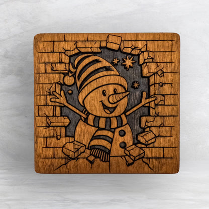 Breakout Snowman - Unpainted - Precision Carved Solid Cherry Christmas Decor Art - Made in USA