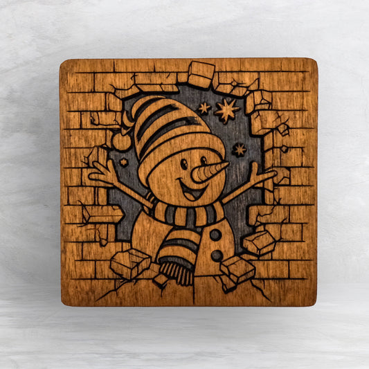 Breakout Snowman - Unpainted - Precision Carved Solid Cherry Christmas Decor Art - Made in USA