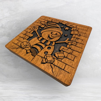 Breakout Snowman - Unpainted - Precision Carved Solid Cherry Christmas Decor Art - Made in USA