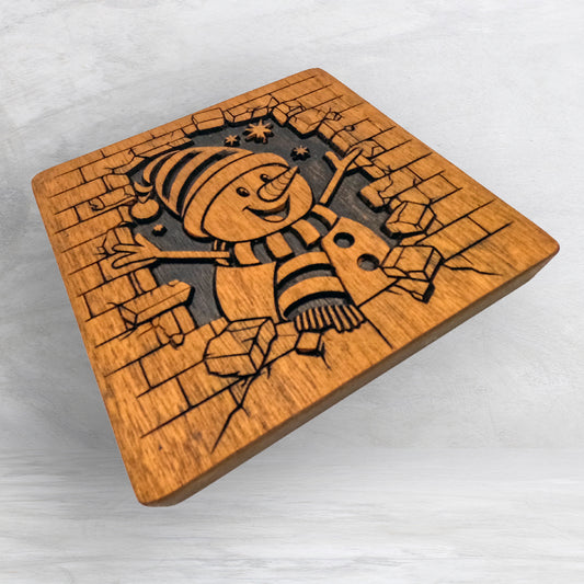 Breakout Snowman - Unpainted - Precision Carved Solid Cherry Christmas Decor Art - Made in USA