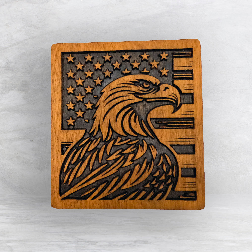 Eagle with USA Flag - Precision Carved Solid Cherry Patriotic Art - Made in USA