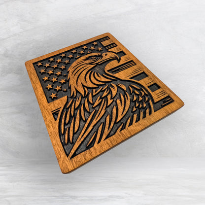 Eagle with USA Flag - Precision Carved Solid Cherry Patriotic Art - Made in USA