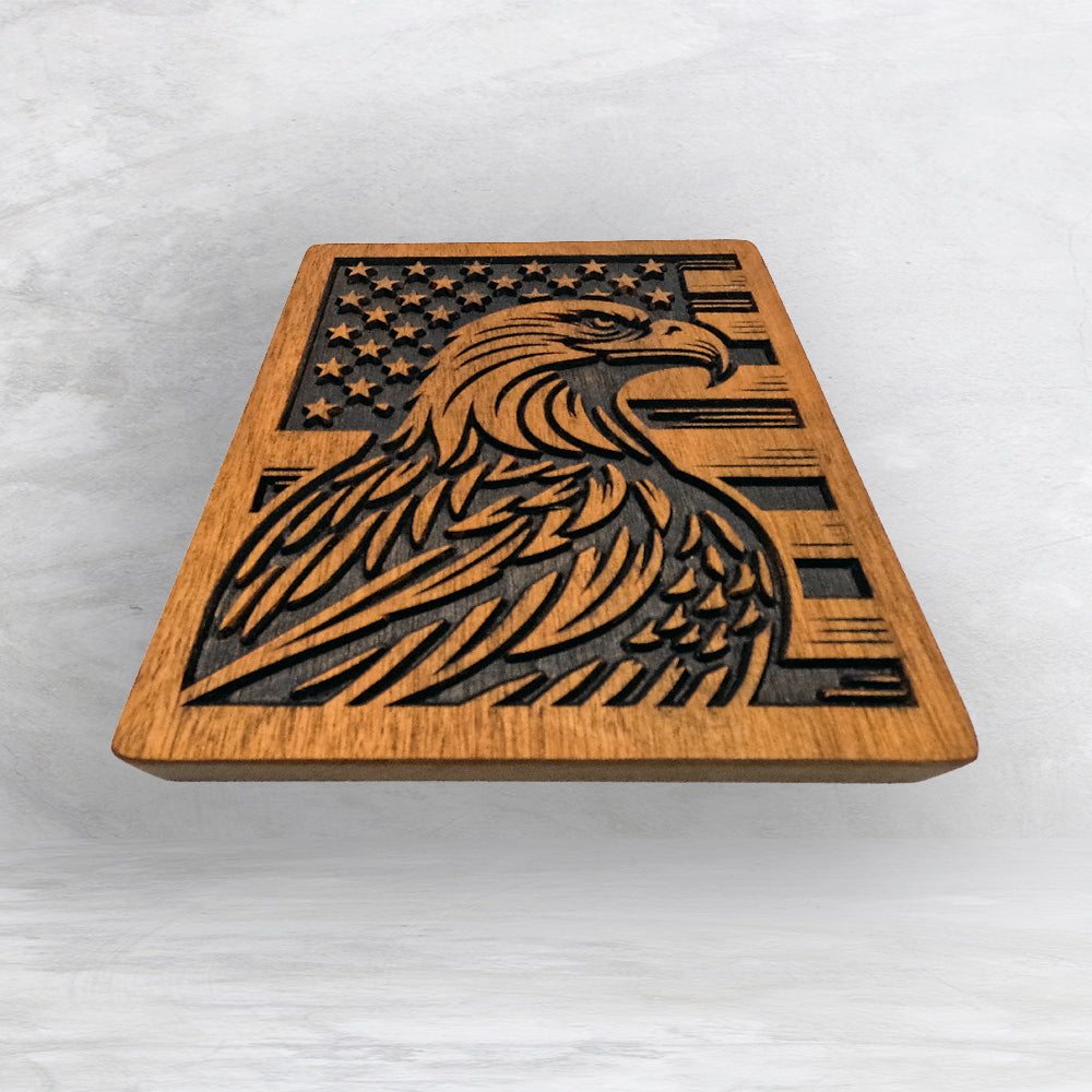 Eagle with USA Flag - Precision Carved Solid Cherry Patriotic Art - Made in USA
