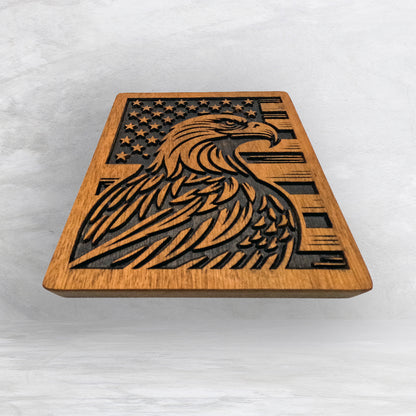 Eagle with USA Flag - Precision Carved Solid Cherry Patriotic Art - Made in USA