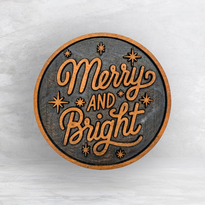 Merry and Bright Sign - Precision Carved Solid Cherry Christmas Decor Art - Made in USA