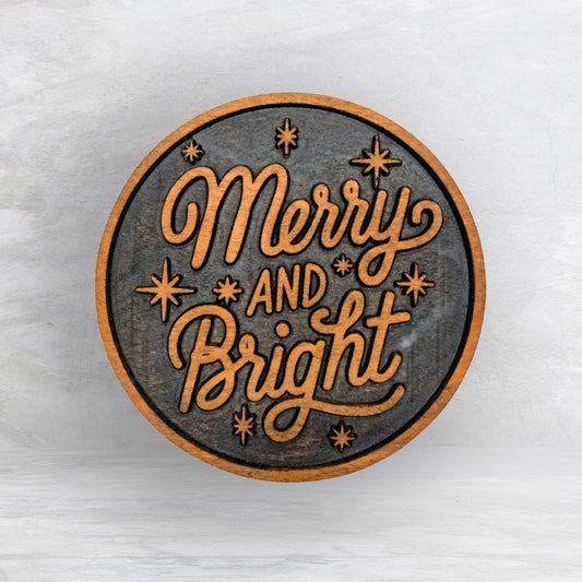 Merry and Bright Sign - Precision Carved Solid Cherry Christmas Decor Art - Made in USA
