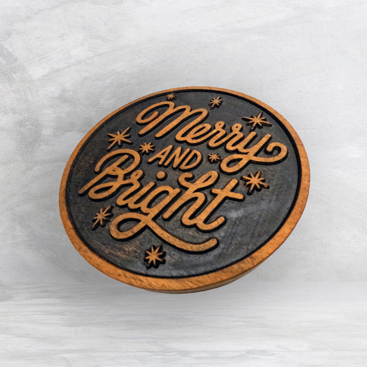 Merry and Bright Sign - Precision Carved Solid Cherry Christmas Decor Art - Made in USA