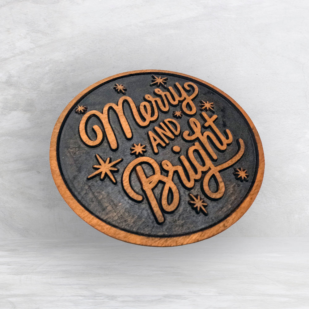 Merry and Bright Sign - Precision Carved Solid Cherry Christmas Decor Art - Made in USA