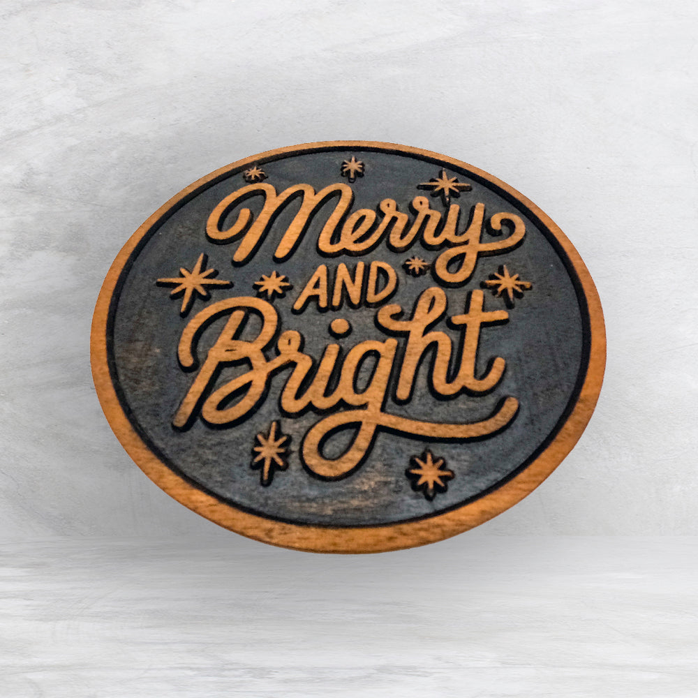 Merry and Bright Sign - Precision Carved Solid Cherry Christmas Decor Art - Made in USA