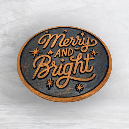 Merry and Bright Sign - Precision Carved Solid Cherry Christmas Decor Art - Made in USA