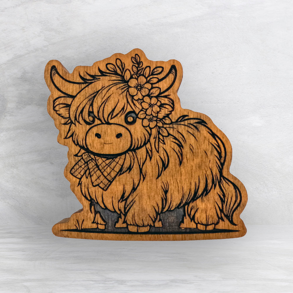 Cute Highland Cow - Stain Only - Precision Carved Solid Cherry Decor Art - Made in USA