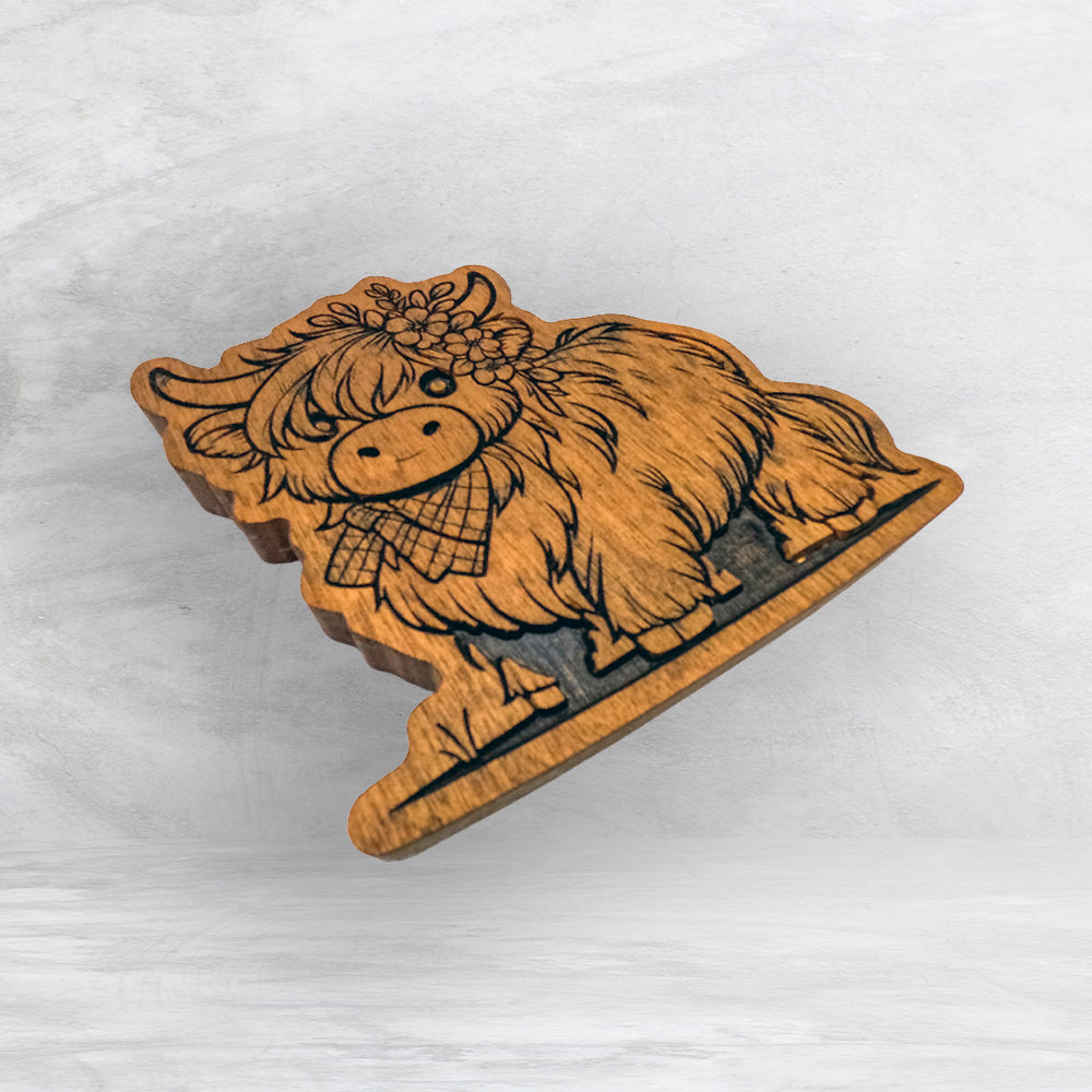 Cute Highland Cow - Stain Only - Precision Carved Solid Cherry Decor Art - Made in USA