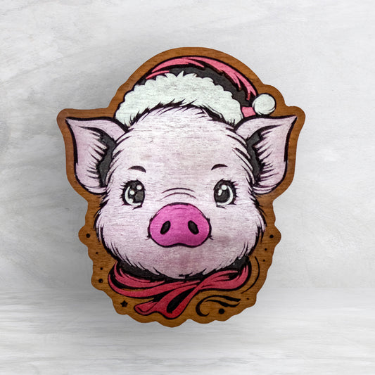 Christmas Pig - Precision Carved Solid Cherry Christmas Decor Art - Made in USA