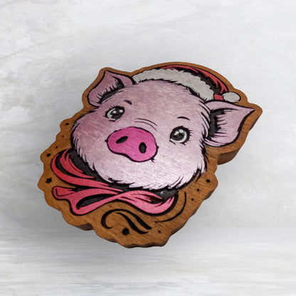 Christmas Pig - Precision Carved Solid Cherry Christmas Decor Art - Made in USA