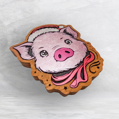 Christmas Pig - Precision Carved Solid Cherry Christmas Decor Art - Made in USA