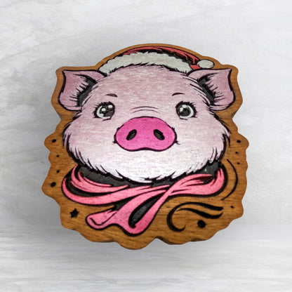 Christmas Pig - Precision Carved Solid Cherry Christmas Decor Art - Made in USA