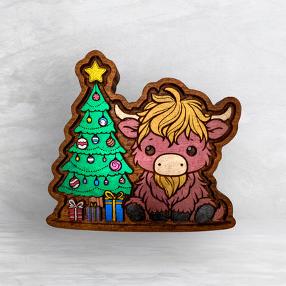 Christmas Cow by the Tree - Precision Carved Solid Cherry Christmas Decor Art - Made in USA