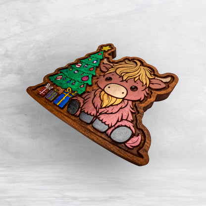 Christmas Cow by the Tree - Precision Carved Solid Cherry Christmas Decor Art - Made in USA