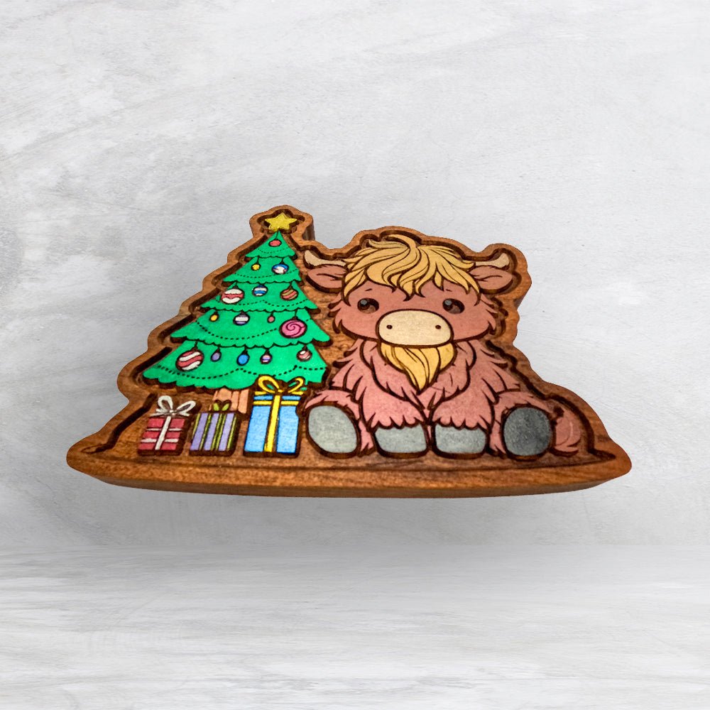 Christmas Cow by the Tree - Precision Carved Solid Cherry Christmas Decor Art - Made in USA