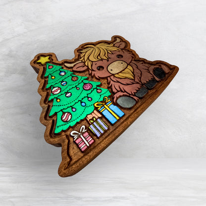 Christmas Cow by the Tree - Precision Carved Solid Cherry Christmas Decor Art - Made in USA