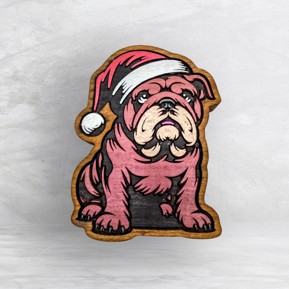 Christmas Bulldog - Precision Carved Solid Cherry Christmas Decor Art - Made in USA