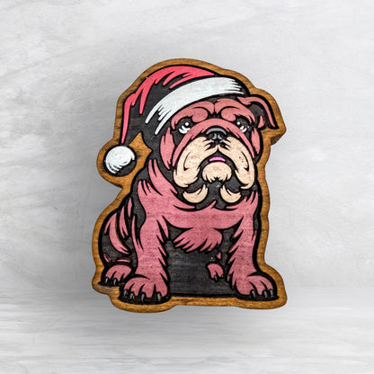 Christmas Bulldog - Precision Carved Solid Cherry Christmas Decor Art - Made in USA