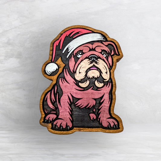 Christmas Bulldog - Precision Carved Solid Cherry Christmas Decor Art - Made in USA