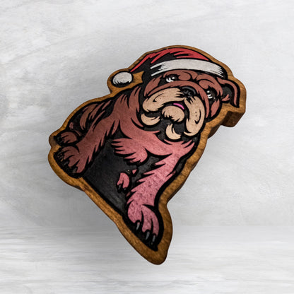 Christmas Bulldog - Precision Carved Solid Cherry Christmas Decor Art - Made in USA