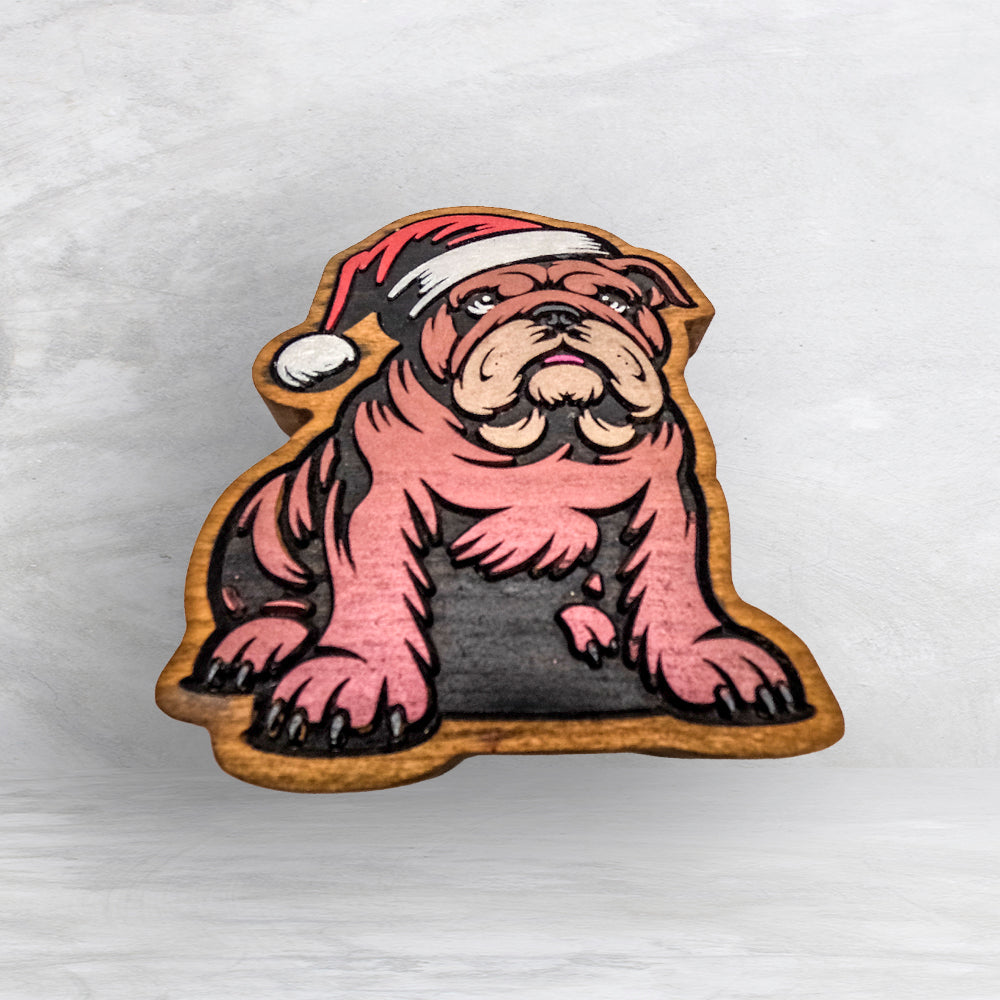 Christmas Bulldog - Precision Carved Solid Cherry Christmas Decor Art - Made in USA