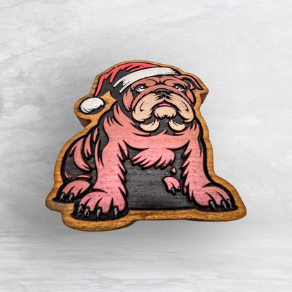 Christmas Bulldog - Precision Carved Solid Cherry Christmas Decor Art - Made in USA