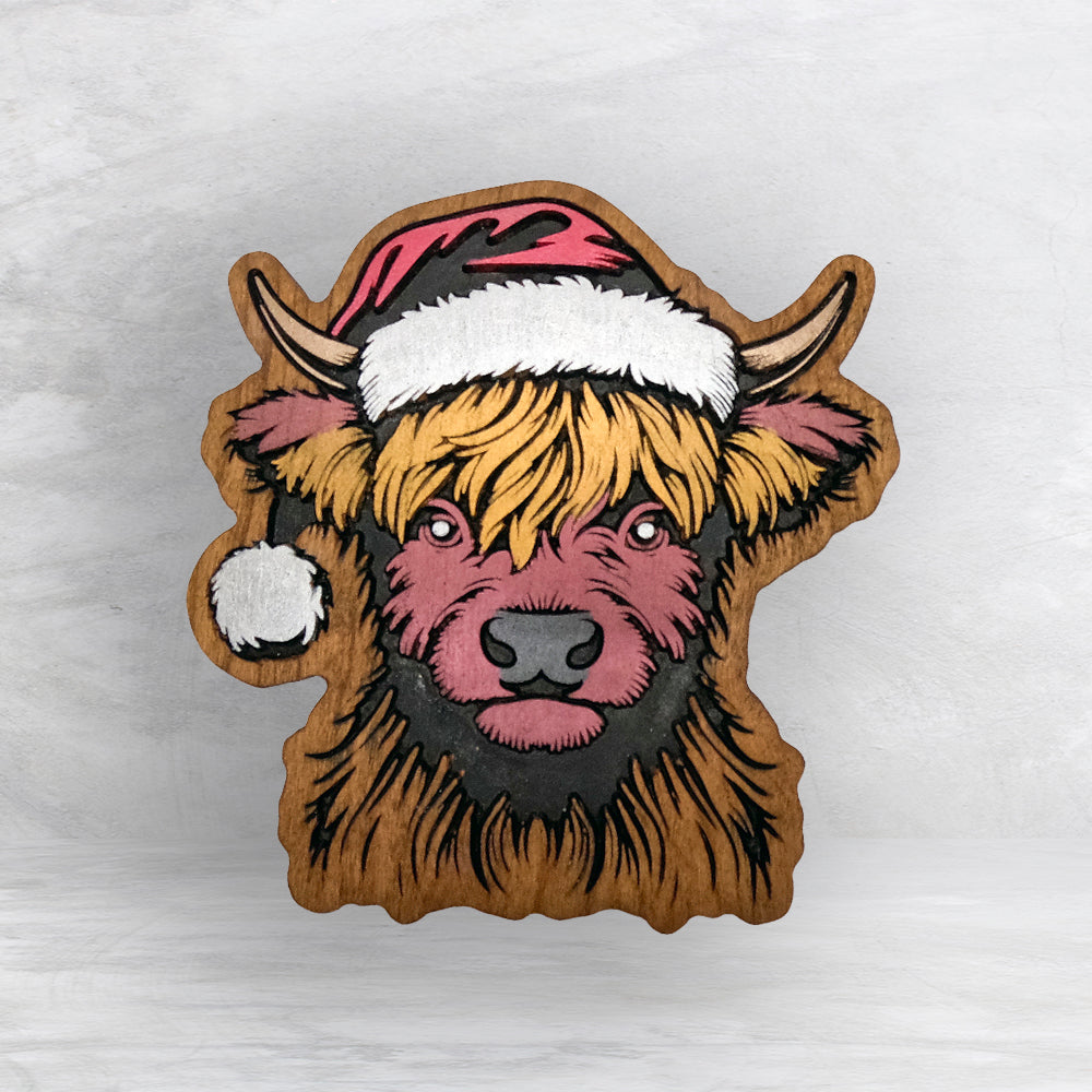 Santa Hat Highland Cow - Painted - Precision Carved Solid Cherry Christmas Decor Art - Made in USA