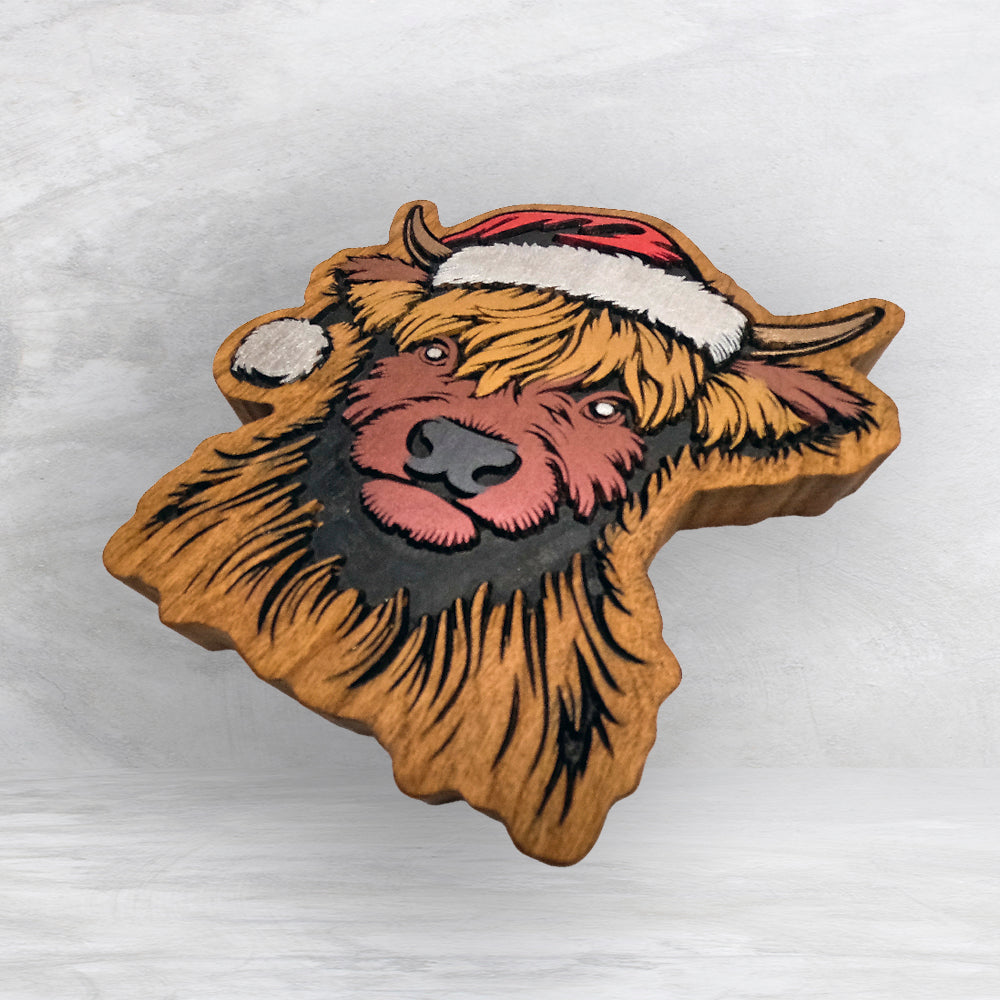 Santa Hat Highland Cow Wood Decor - Painted