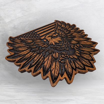Patriot Eagle with Flag - Precision Carved Solid Cherry Patriotic Art - Made in USA