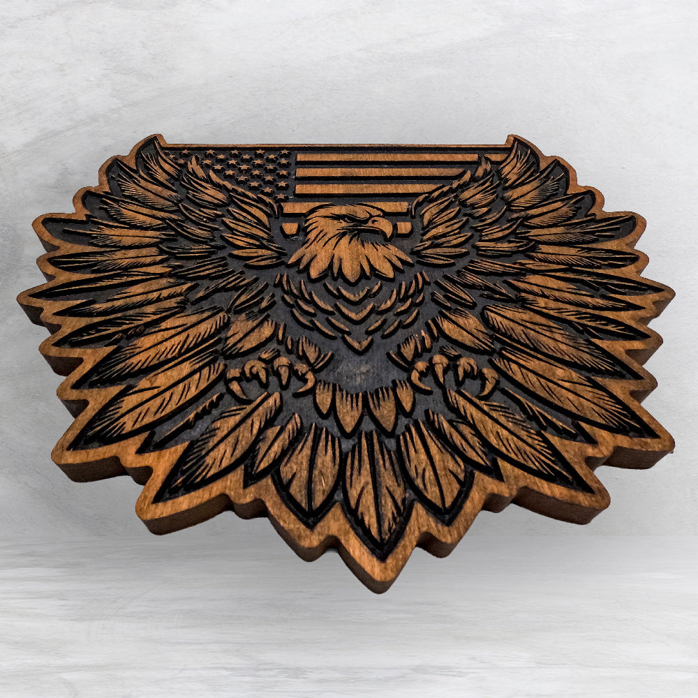 Patriot Eagle with Flag - Precision Carved Solid Cherry Patriotic Art - Made in USA