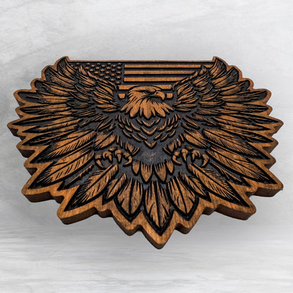 Patriot Eagle with Flag - Precision Carved Solid Cherry Patriotic Art - Made in USA