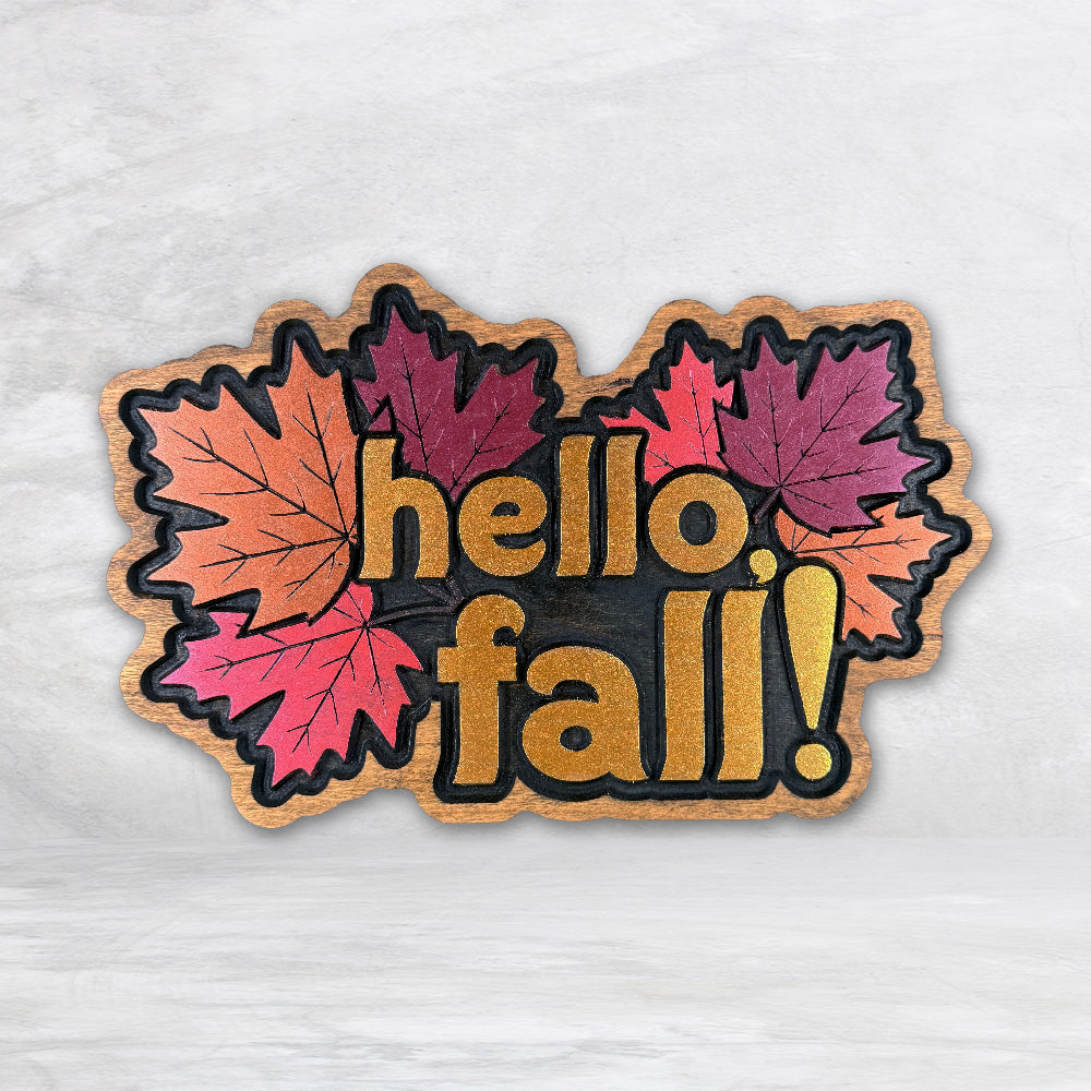 Hello Fall! Leaves Wood Sign - Style 2 - Cherry - Small