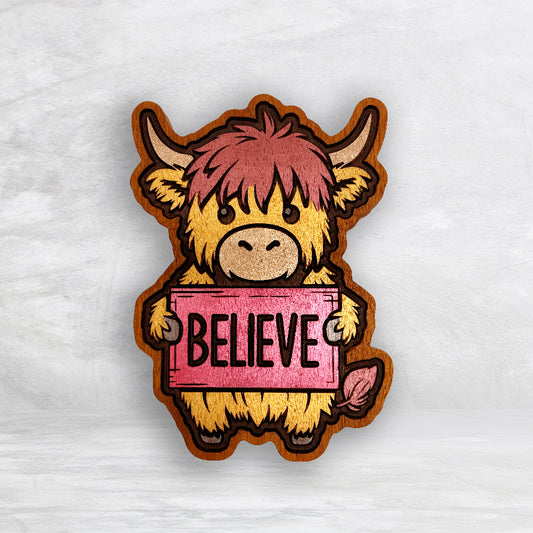 Christmas Highland Cow - BELIEVE Plaque - Solid Cherry Decor Art - Precision Carved - Hand Finished - Made in USA