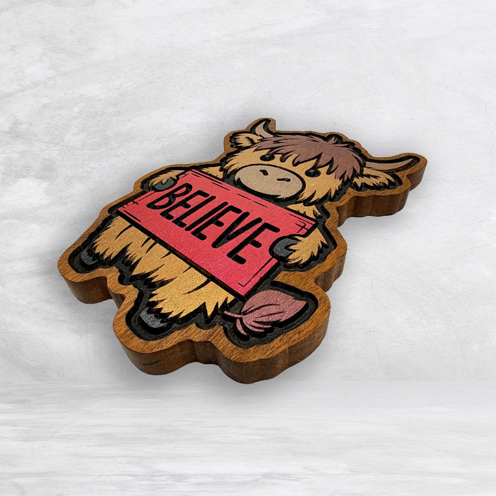 Christmas Highland Cow - BELIEVE Plaque - Solid Cherry Decor Art - Precision Carved - Hand Finished - Made in USA
