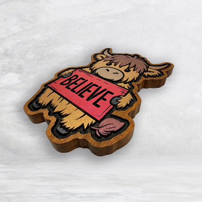 Christmas Highland Cow - BELIEVE Plaque - Solid Cherry Decor Art - Precision Carved - Hand Finished - Made in USA