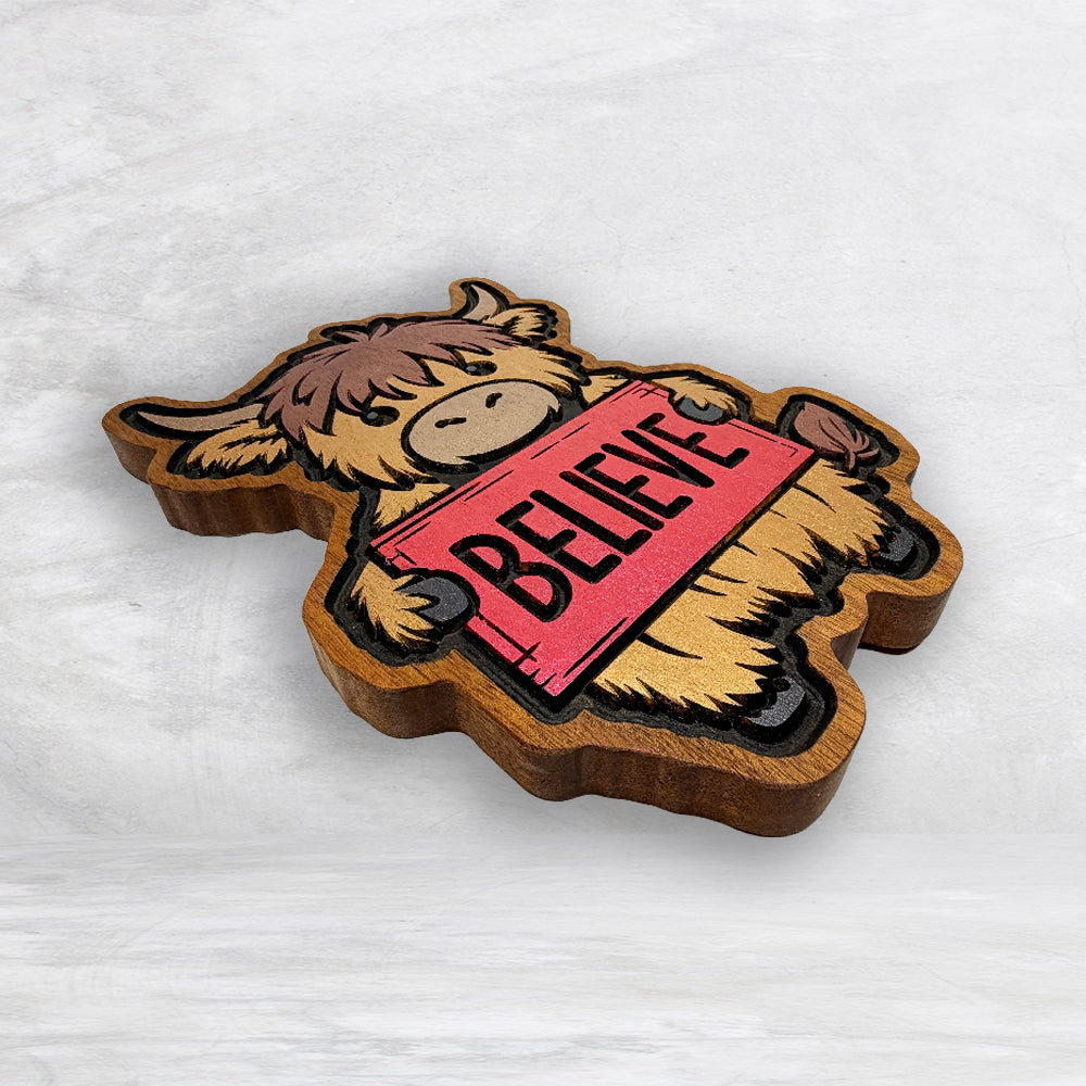 Christmas Highland Cow - BELIEVE Plaque - Solid Cherry Decor Art - Precision Carved - Hand Finished - Made in USA