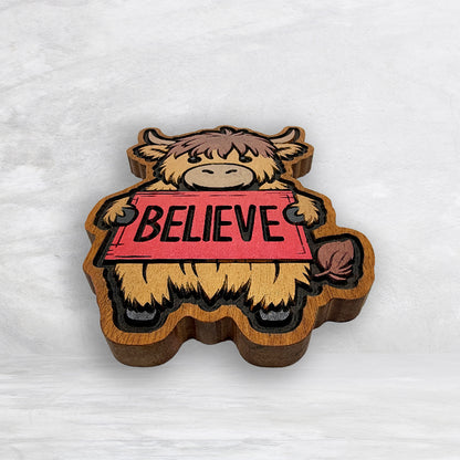 Christmas Highland Cow - BELIEVE Plaque - Solid Cherry Decor Art - Precision Carved - Hand Finished - Made in USA