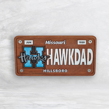Hillsboro Hawks Novelty License Plate - HAWKDAD - Solid Cherry Art Decor Collectible - Precision Carved - Hand Finished - Made in USA
