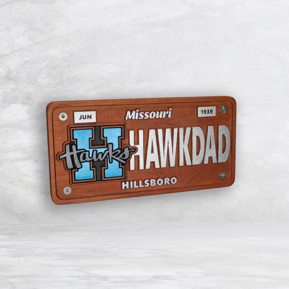 Hillsboro Hawks Novelty License Plate - HAWKDAD - Solid Cherry Art Decor Collectible - Precision Carved - Hand Finished - Made in USA
