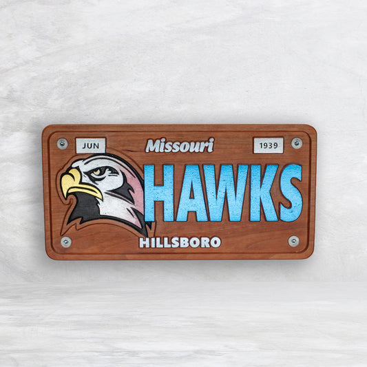 Hillsboro Hawks Novelty License Plate - HAWKS - Solid Cherry Art Decor Collectible - Precision Carved - Hand Finished - Made in USA